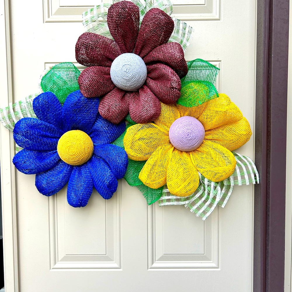Three flower wreath made with poly burlap